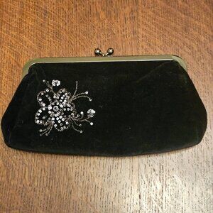 Black Velvet Embroidered Beaded Clutch Purse